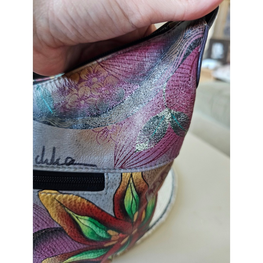 Anuschka Hand Painted Leather Hobo Bag Birds and Flowers Shoulder Purse Multi - Picture 8 of 10